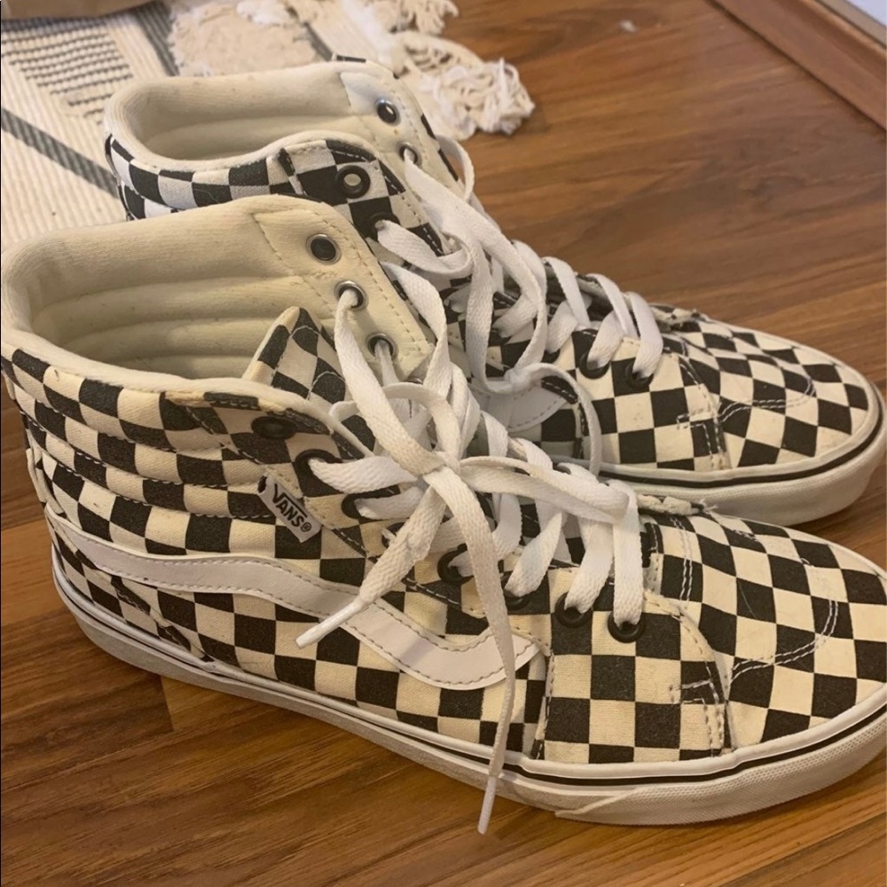Womens vans white and black checkerboard high top sneakers